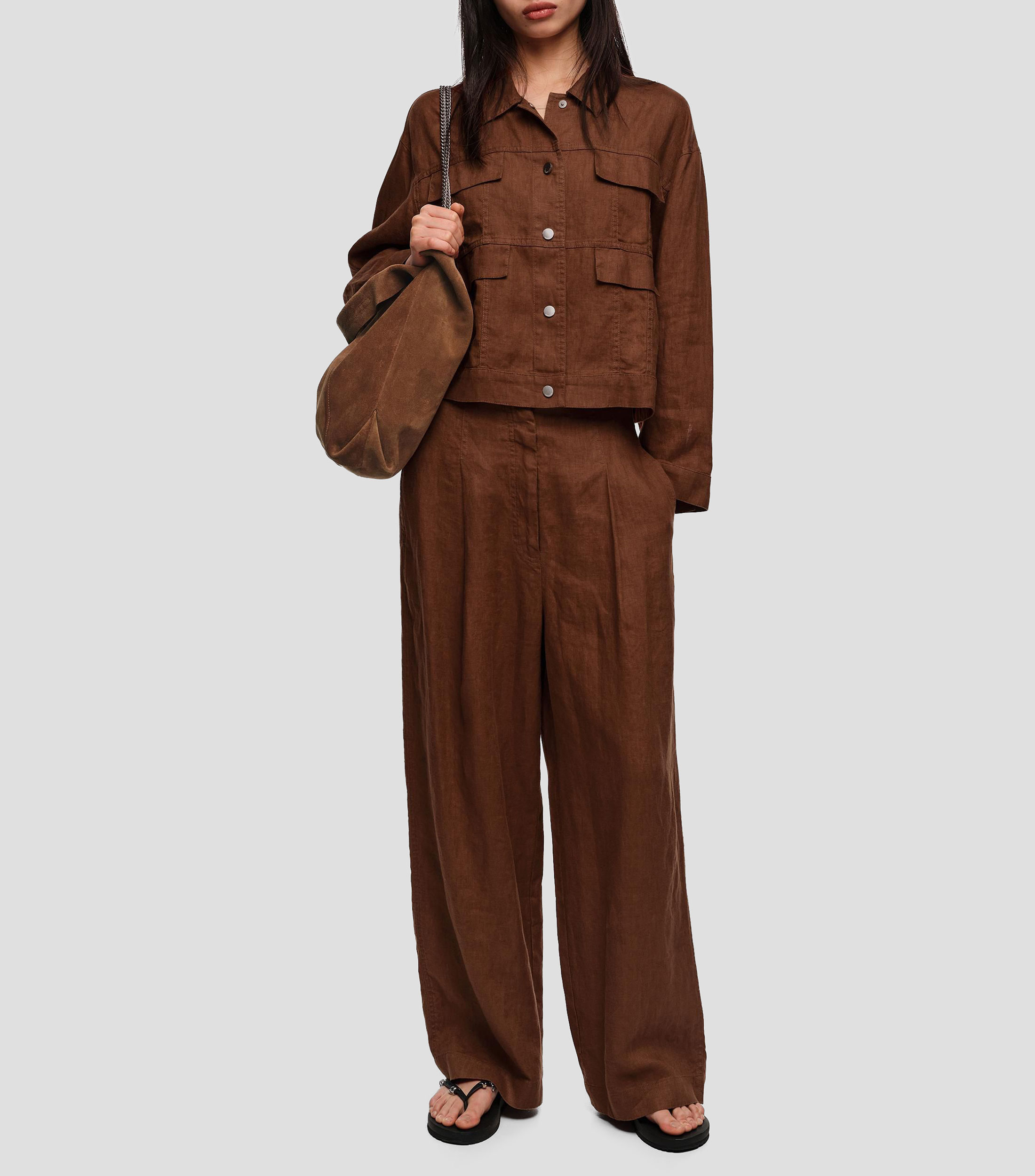 Pantalón recto pinzas lino Mujer
